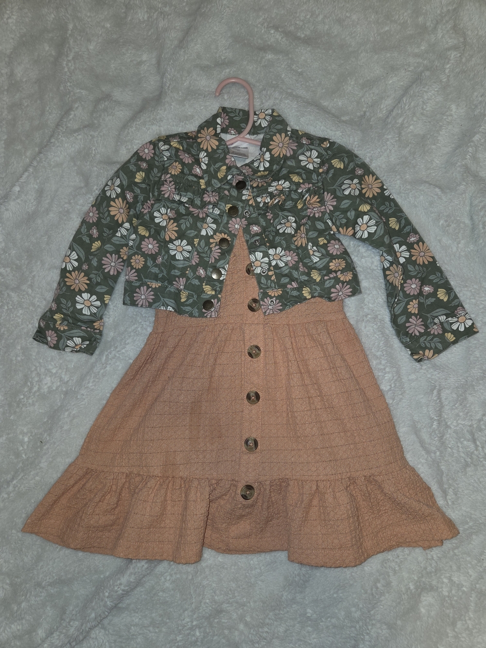 Little Lass Green Floral Jacket with Peach Dress